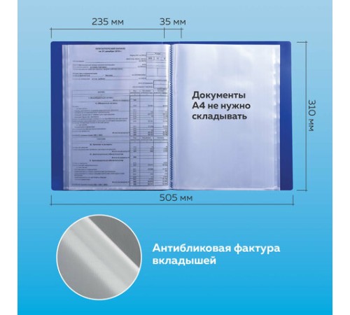 Папка 60 вкладышей BRAUBERG стандарт, синяя, 0,8 мм, 221605