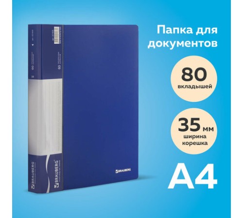 Папка 80 вкладышей BRAUBERG стандарт, синяя, 0,9 мм, 221607