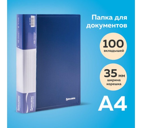 Папка 100 вкладышей BRAUBERG стандарт, синяя, 0,9 мм, 221609