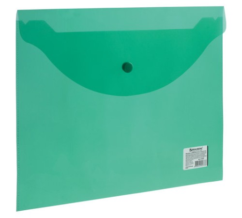 Папка-конверт с кнопкой BRAUBERG, А4, до 100 листов, прозрачная, зеленая, 0,15 мм, 221635