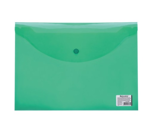 Папка-конверт с кнопкой BRAUBERG, А4, до 100 листов, прозрачная, зеленая, 0,15 мм, 221635