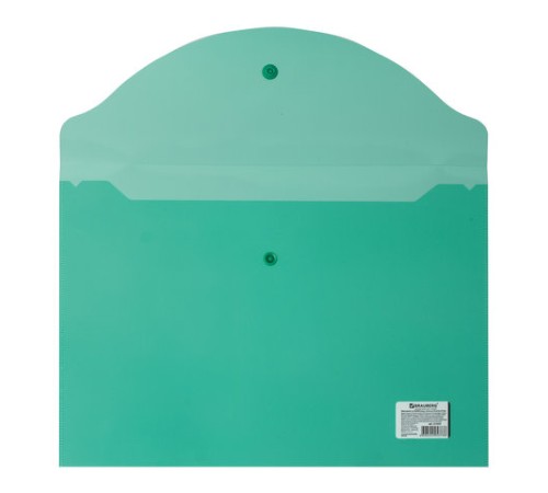 Папка-конверт с кнопкой BRAUBERG, А4, до 100 листов, прозрачная, зеленая, 0,15 мм, 221635