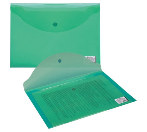 Папка-конверт с кнопкой BRAUBERG, А4, до 100 листов, прозрачная, зеленая, 0,15 мм, 221635