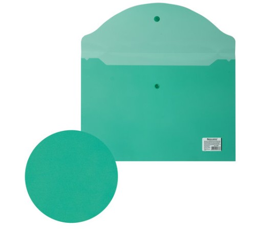 Папка-конверт с кнопкой BRAUBERG, А4, до 100 листов, прозрачная, зеленая, 0,15 мм, 221635