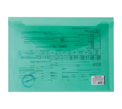 Папка-конверт с кнопкой BRAUBERG, А4, до 100 листов, прозрачная, зеленая, 0,15 мм, 221635