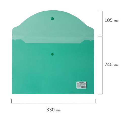 Папка-конверт с кнопкой BRAUBERG, А4, до 100 листов, прозрачная, зеленая, 0,15 мм, 221635