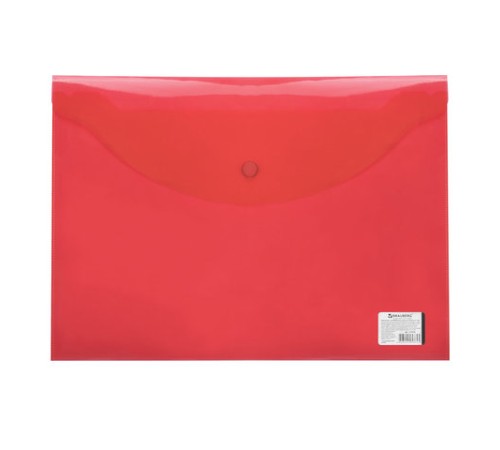 Папка-конверт с кнопкой BRAUBERG, А4, до 100 листов, прозрачная, красная, 0,15 мм, 221636