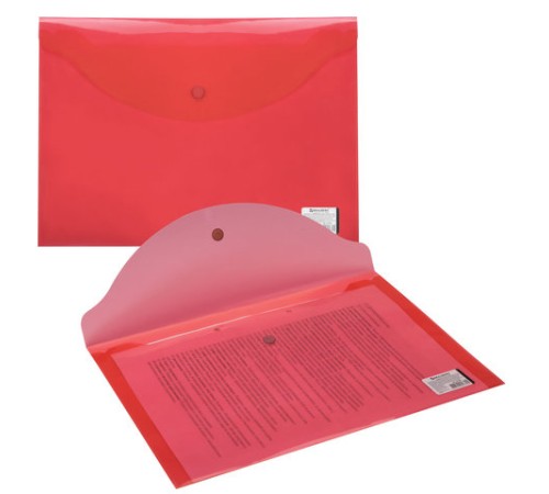 Папка-конверт с кнопкой BRAUBERG, А4, до 100 листов, прозрачная, красная, 0,15 мм, 221636