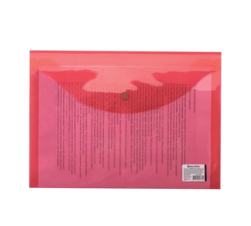 Папка-конверт с кнопкой BRAUBERG, А4, до 100 листов, прозрачная, красная, 0,15 мм, 221636