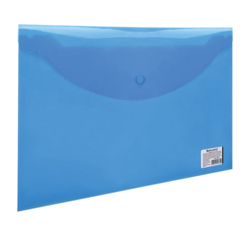 Папка-конверт с кнопкой BRAUBERG, А4, до 100 листов, прозрачная, синяя, 0,15 мм, 221637