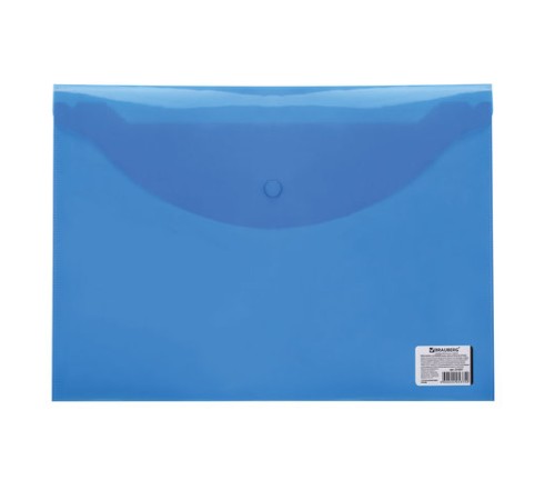 Папка-конверт с кнопкой BRAUBERG, А4, до 100 листов, прозрачная, синяя, 0,15 мм, 221637
