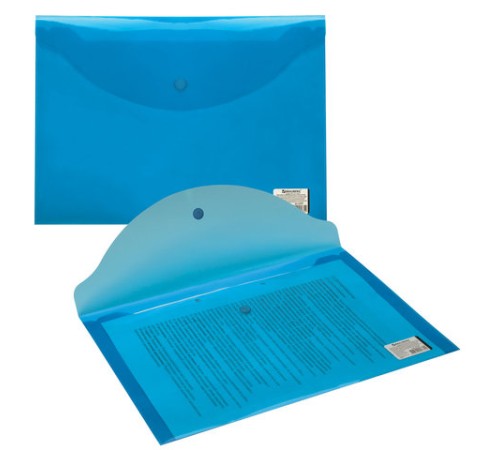 Папка-конверт с кнопкой BRAUBERG, А4, до 100 листов, прозрачная, синяя, 0,15 мм, 221637