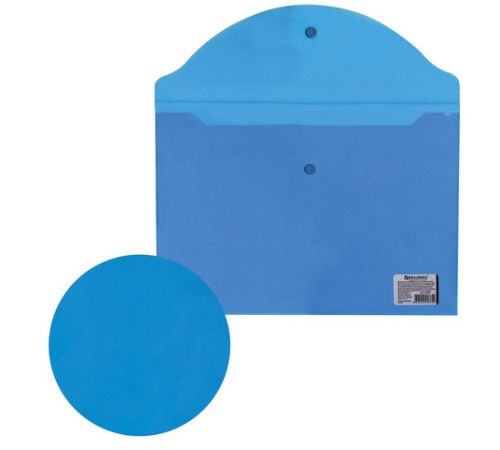 Папка-конверт с кнопкой BRAUBERG, А4, до 100 листов, прозрачная, синяя, 0,15 мм, 221637