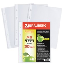 Папки-файлы МАЛОГО ФОРМАТА (148х210 мм), А5, ВЕРТИКАЛЬНЫЕ, КОМПЛЕКТ 100 шт., 35 мкм, BRAUBERG, 221714