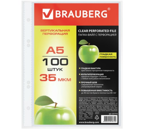 Папки-файлы МАЛОГО ФОРМАТА (148х210 мм), А5, ВЕРТИКАЛЬНЫЕ, КОМПЛЕКТ 100 шт., 35 мкм, BRAUBERG, 221714