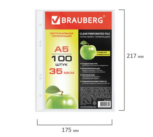 Папки-файлы МАЛОГО ФОРМАТА (148х210 мм), А5, ВЕРТИКАЛЬНЫЕ, КОМПЛЕКТ 100 шт., 35 мкм, BRAUBERG, 221714