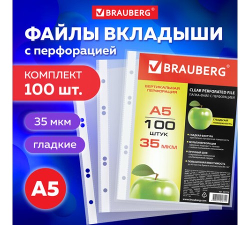 Папки-файлы МАЛОГО ФОРМАТА (148х210 мм), А5, ВЕРТИКАЛЬНЫЕ, КОМПЛЕКТ 100 шт., 35 мкм, BRAUBERG, 221714