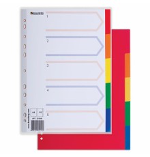 Разделитель пластиковый BRAUBERG, А4, 5 листов, по цветам, оглавление, Китай, 221846