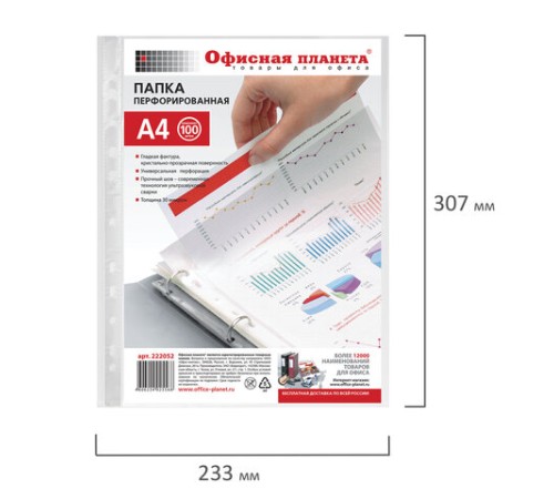 Папки-файлы перфорированные, А4, ОФИСНАЯ ПЛАНЕТА, комплект 100 шт., гладкие, 30 мкм, 222052