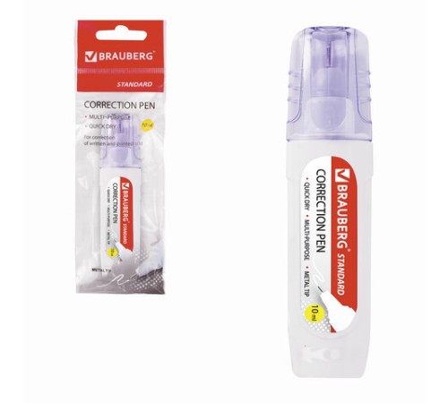 Ручка-корректор BRAUBERG, 10 мл, металлический наконечник, в упаковке с подвесом, 222059