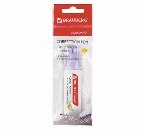 Ручка-корректор BRAUBERG, 10 мл, металлический наконечник, в упаковке с подвесом, 222059