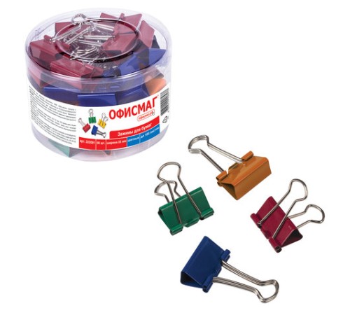 Зажимы для бумаг ОФИСМАГ, КОМПЛЕКТ 48 шт., 25 мм, на 100 листов, цветные, в пластиковом цилиндре, 222091