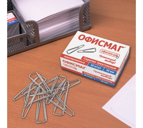 Скрепки большие 50 мм, ОФИСМАГ, никелированные, треугольные, 50 шт., в картонной коробке, 222093