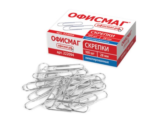 Скрепки ОФИСМАГ, 28 мм, никелированные, 100 шт., в картонной коробке, Россия, 222094
