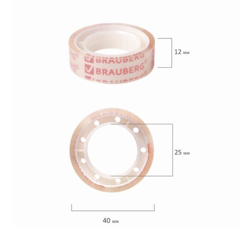 Клейкие ленты 12 мм х 10 м канцелярские BRAUBERG, комплект 12 шт., прозрачные, гарантированная длина, 223122