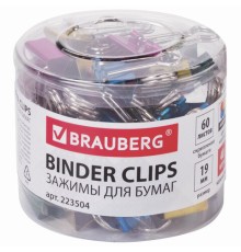 Зажимы для бумаг BRAUBERG, КОМПЛЕКТ 40 шт., 19 мм, на 60 листов, цвет металлик, пластиковый цилиндр, 223504