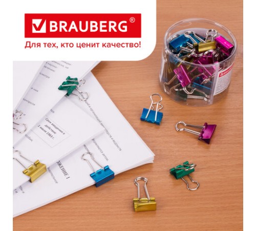 Зажимы для бумаг BRAUBERG, КОМПЛЕКТ 40 шт., 19 мм, на 60 листов, цвет металлик, пластиковый цилиндр, 223504