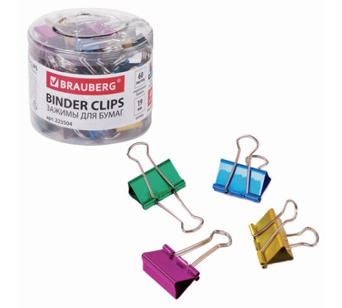 Зажимы для бумаг BRAUBERG, КОМПЛЕКТ 40 шт., 19 мм, на 60 листов, цвет металлик, пластиковый цилиндр, 223504