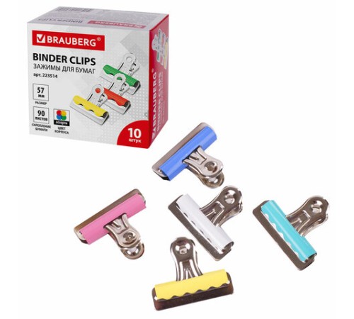 Зажимы-бульдоги для бумаг большие BRAUBERG, КОМПЛЕКТ 10 шт., 57 мм, на 90 листов, картонная коробка, 223514