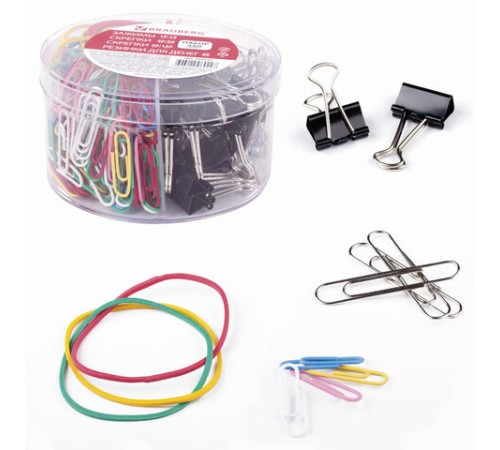 Набор BRAUBERG, зажимы 19 мм/15 шт., скрепки 28 мм/145 шт. и 50 мм/50 шт., резинки 40 шт., 223515