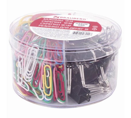 Набор BRAUBERG, зажимы 19 мм/15 шт., скрепки 28 мм/145 шт. и 50 мм/50 шт., резинки 40 шт., 223515