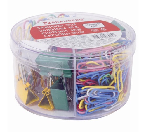 Набор BRAUBERG, зажимы 19 мм/15 шт., 25 мм/8 шт., скрепки 28 мм/152 шт. и 50 мм/50 шт., 223517