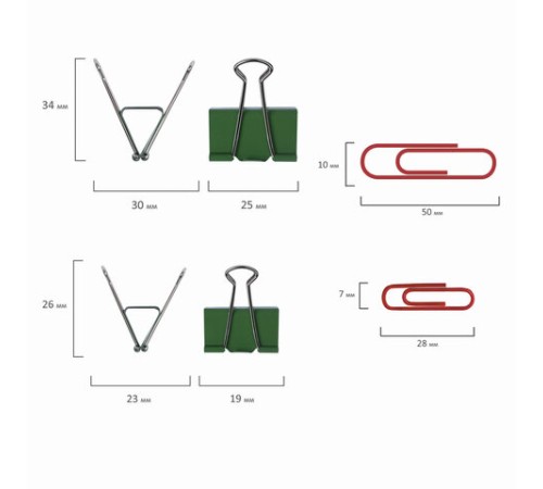 Набор BRAUBERG, зажимы 19 мм/15 шт., 25 мм/8 шт., скрепки 28 мм/152 шт. и 50 мм/50 шт., 223517