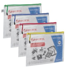 Папка-конверт на молнии А4 (335х243 мм), молния ассорти, ПВХ, сетка, прозрачная, 0,2 мм, BRAUBERG 