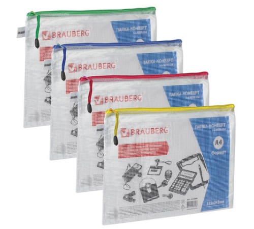 Папка-конверт на молнии А4 (335х243 мм), молния ассорти, ПВХ, сетка, прозрачная, 0,2 мм, BRAUBERG 