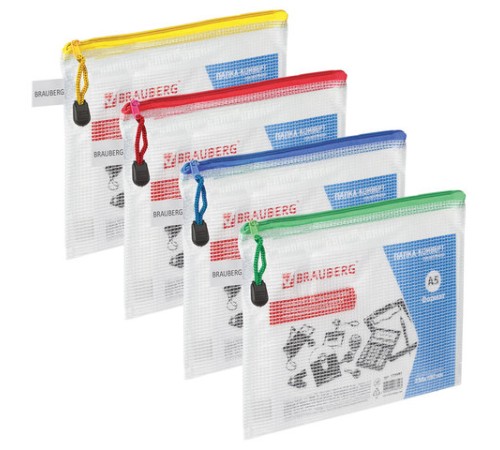 Папка-конверт на молнии МАЛЫЙ ФОРМАТ (238х180 мм) А5, молния ассорти, ПВХ, прозрачная, BRAUBERG 