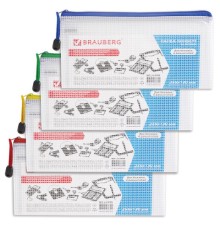 Папка-конверт на молнии МАЛЫЙ ФОРМАТ (255х130 мм), молния ассорти, сетка, прозрачная, 0,2 мм, BRAUBERG 
