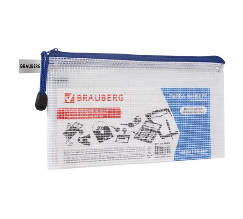 Папка-конверт на молнии МАЛЫЙ ФОРМАТ (255х130 мм), молния ассорти, сетка, прозрачная, 0,2 мм, BRAUBERG 
