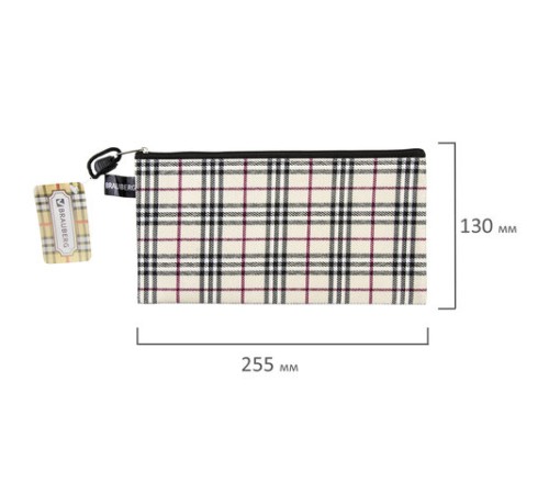 Папка-конверт на молнии МАЛОГО ФОРМАТА (255х130 мм), ткань в клетку, BRAUBERG 