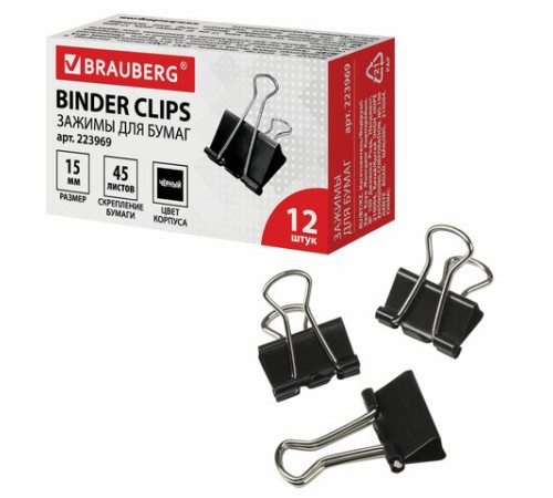 Зажимы для бумаг BRAUBERG, КОМПЛЕКТ 12 шт., 15 мм, на 45 листов, черные, картонная коробка, 223969