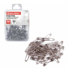 Булавки английские BRAUBERG, 32 мм, никелированные, 50 шт., в пластиковой коробке с европодвесом, 223970