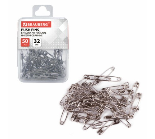 Булавки английские BRAUBERG, 32 мм, никелированные, 50 шт., в пластиковой коробке с европодвесом, 223970