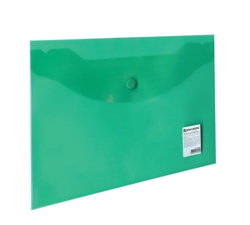 Папка-конверт с кнопкой МАЛОГО ФОРМАТА (240х190 мм), А5, прозрачная, зеленая, 0,18 мм, BRAUBERG, 224025