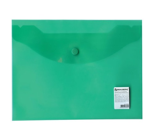 Папка-конверт с кнопкой МАЛОГО ФОРМАТА (240х190 мм), А5, прозрачная, зеленая, 0,18 мм, BRAUBERG, 224025