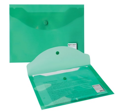 Папка-конверт с кнопкой МАЛОГО ФОРМАТА (240х190 мм), А5, прозрачная, зеленая, 0,18 мм, BRAUBERG, 224025