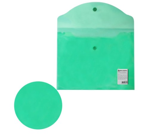 Папка-конверт с кнопкой МАЛОГО ФОРМАТА (240х190 мм), А5, прозрачная, зеленая, 0,18 мм, BRAUBERG, 224025